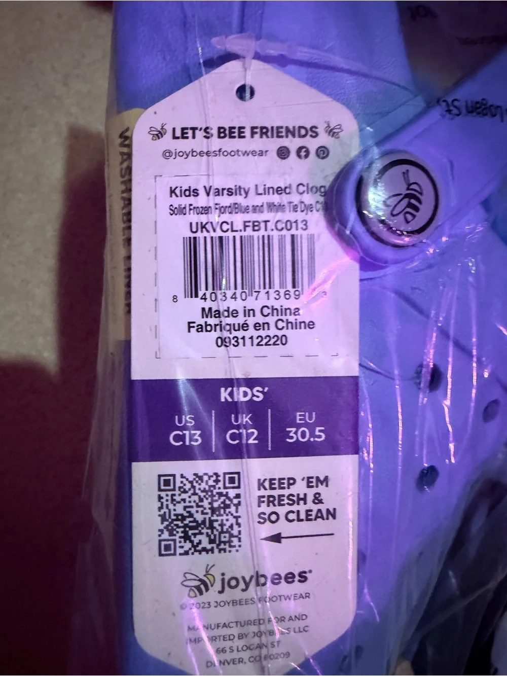 Blue Kids Varsity Lined Clog with Removable Liner Size C13
